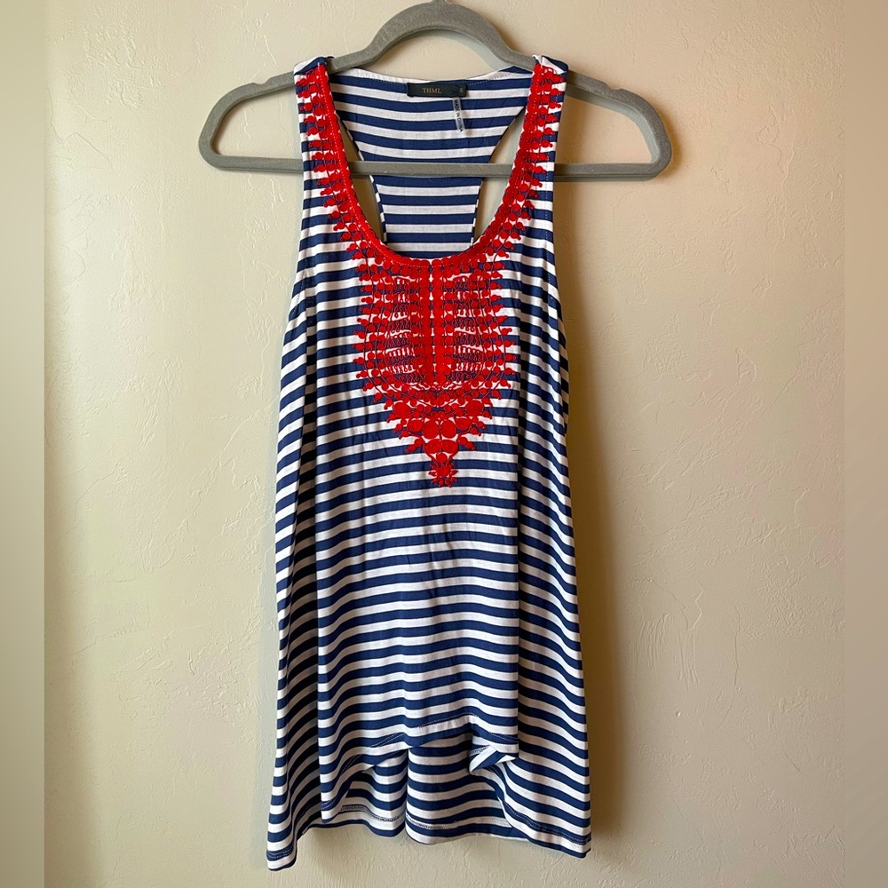 THML Stripe Embroidered Tank Blouse Top Size Small Coral NWT